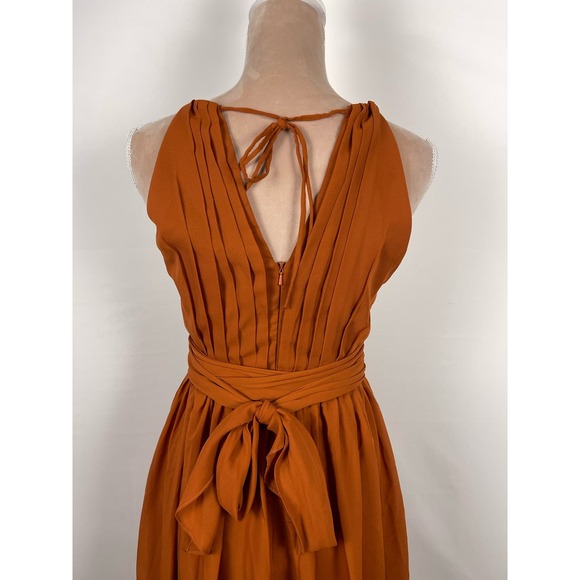 SOLD High Neck Chiffon Long Bridesmaid Dress Burnt Orange Chiffon Waist Tie - Picture 3 of 12